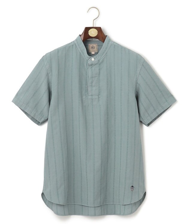 J.PRESS MEN 【HYBRID LINEN】ドビーストライプ バンドカラーラガーシャツ スモーキーグリーン系