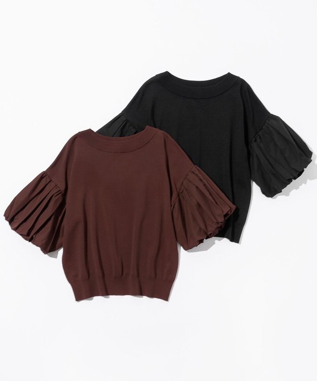 組曲 ストレッチクリアパフ袖 ニット ブラウン系