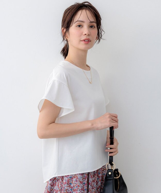 組曲 【WEB限定】プレーティング天竺フリルスリーブ Tシャツ アイボリー系