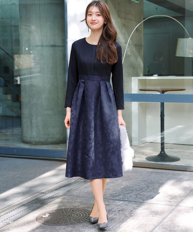 Tiaclasse フラワージャガードドッキングワンピース ネイビー