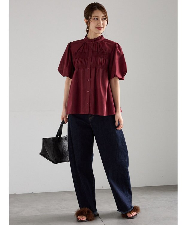 Te chichi スタンドフリル5分袖シャーリングブラウス ボルドー