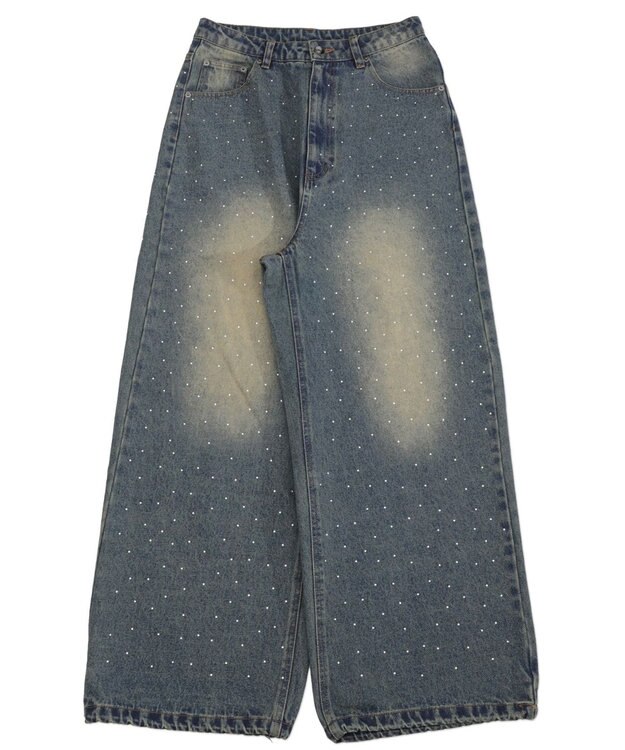 WEGO 【ユニセックス着用ITEM】スーパーバギーラインストーンデニムパンツ デニム中濃加工色