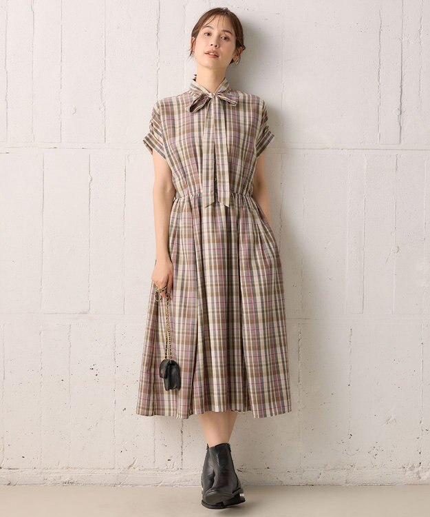 組曲 【リボンタイ付き】シアーツイルチェック ワンピース ベージュ系3