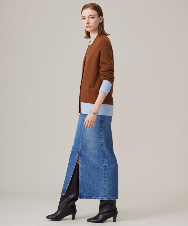 ICB L ピュアカシミヤ カーディガン サックス×コーヒー系