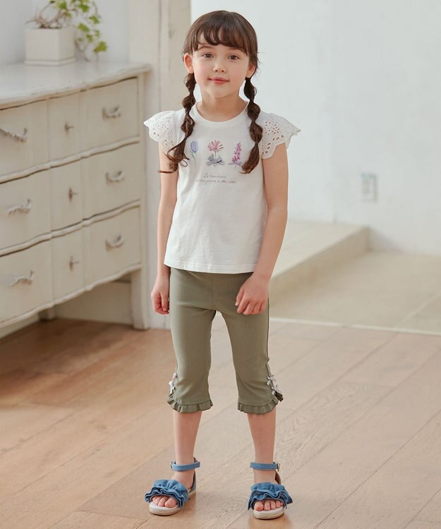 ANY KIDS フラワー スパンコール Tシャツ オフホワイト