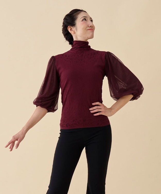 Chacott 【ノーソーイングニット】チュールスリーブハイネックトップ ガーネット