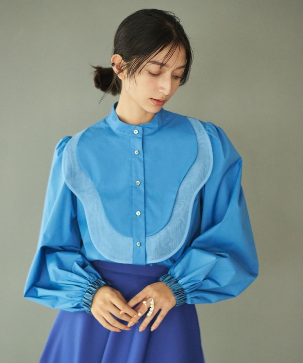 #Newans 【洗濯機可能】ウェイビービブデザインブラウス ブルー