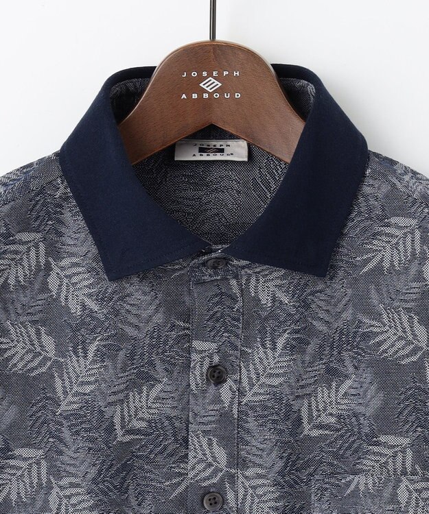 JOSEPH ABBOUD 【吸水速乾】リーフ柄ジャガード 半袖 ポロシャツ ダルブルー系
