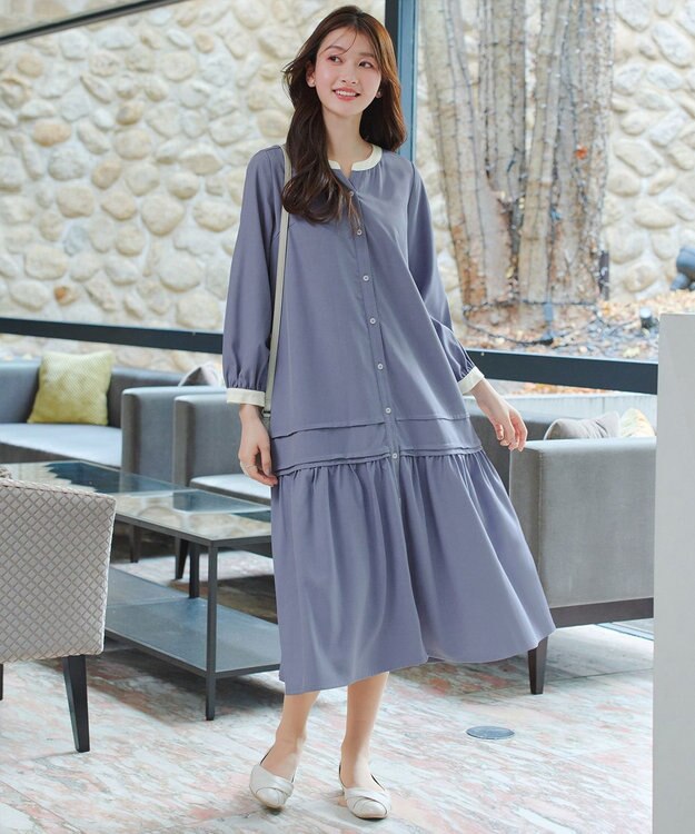 Tiaclasse L ピンタックギャザークレリックシャツワンピース ブルー