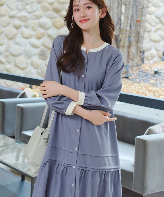 Tiaclasse L ピンタックギャザークレリックシャツワンピース ブルー