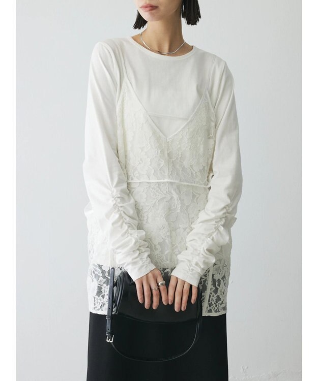 Green Parks AnriettMusee シャーリングスリーブＴシャツ＋レースキャミソールＳＥＴ Off White