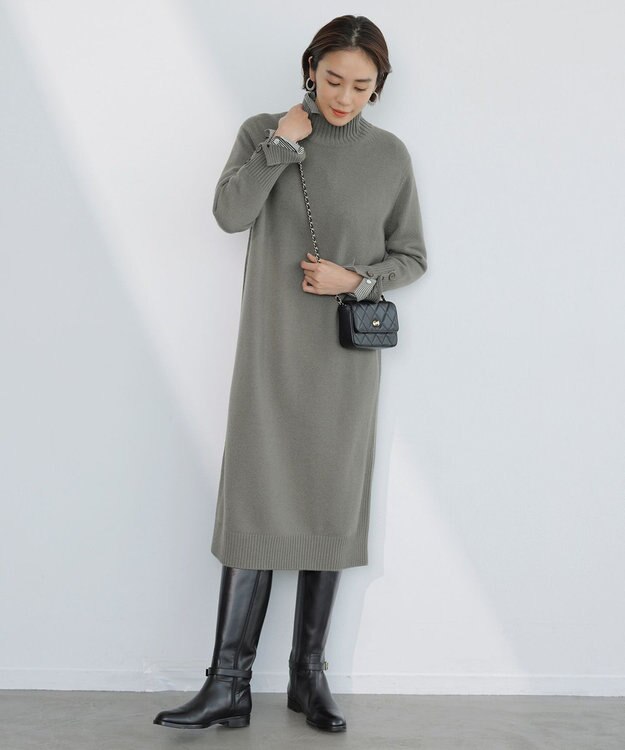 ICB L 【WEB限定カラーあり】 ソフトカシミヤミックス ハイネックワンピース アッシュカーキ系
