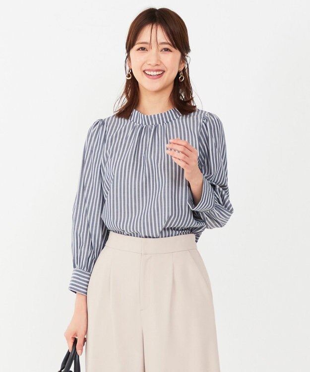 ANY SIS 【洗える】フェイクパールストライプ ブラウス ブルーストライプ