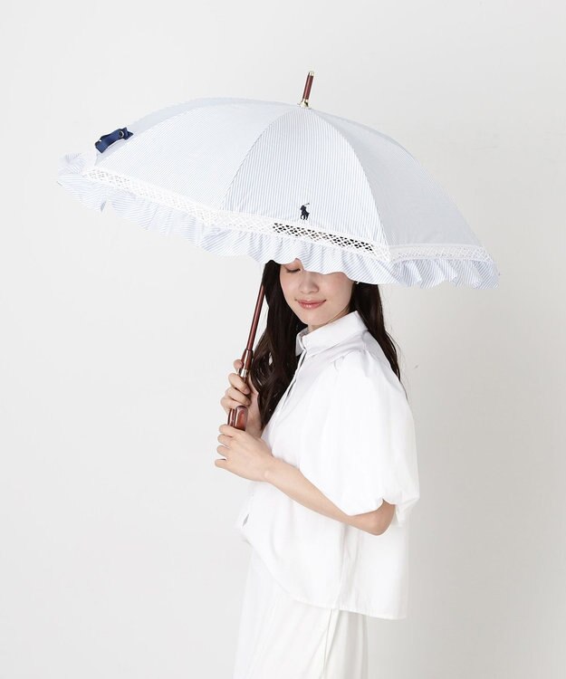 MOONBAT 【遮光/晴雨兼用日傘】POLO RALPH LAUREN(ポロ ラルフローレン) ストライプフリル 長傘 遮熱 UV スカイブルー