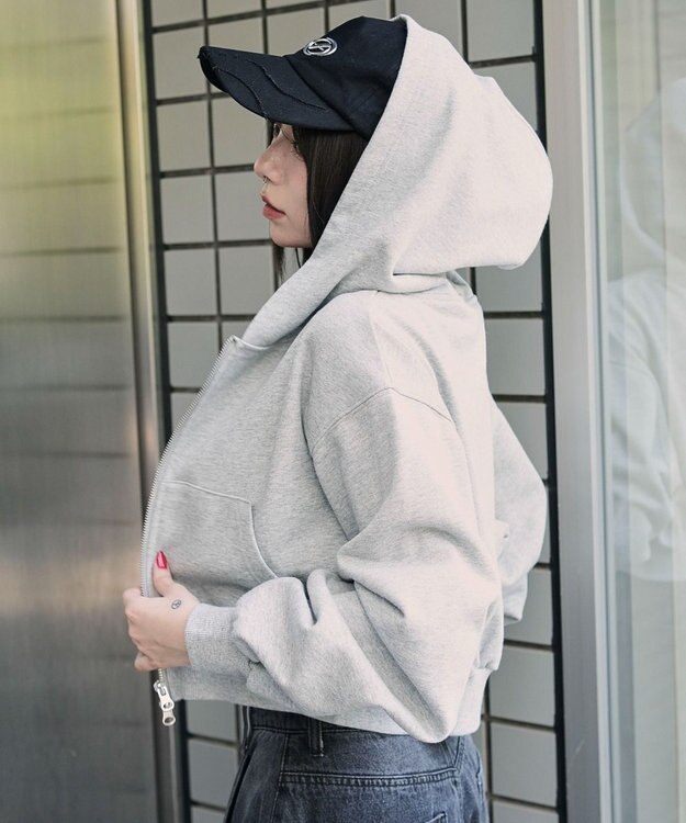 WEGO ショートZIPパーカー 杢グレー