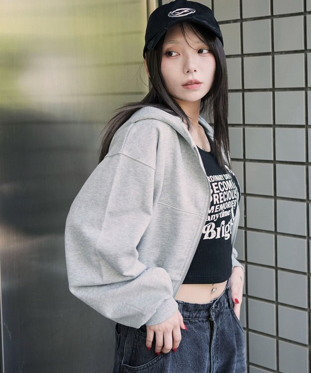 WEGO ショートZIPパーカー 杢グレー