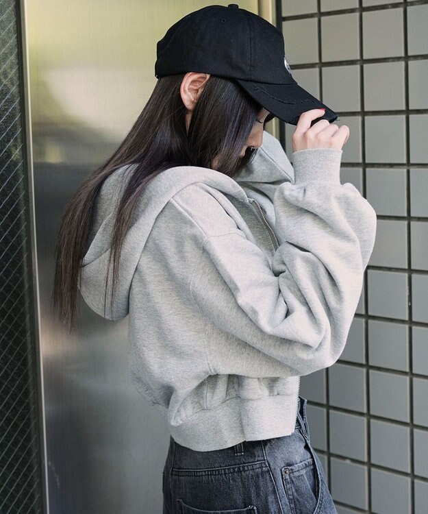 WEGO ショートZIPパーカー 杢グレー