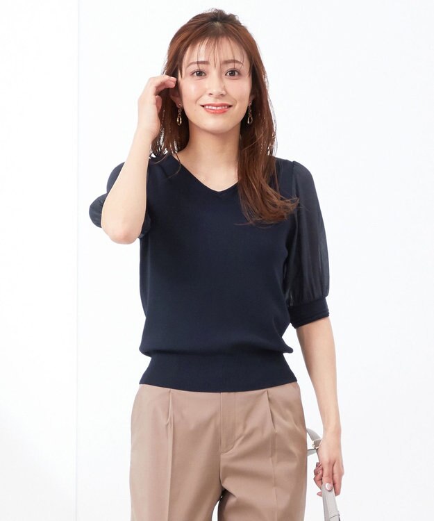 ANY SIS L 【洗える】シアースリーブコンビ ニット ネイビー