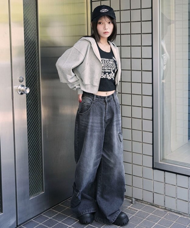 WEGO ショートZIPパーカー 杢グレー