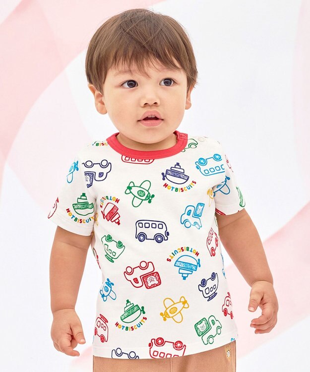 MIKI HOUSE HOT BISCUITS 【80-120cm】ビーンズ×乗り物 総柄 半袖Tシャツ