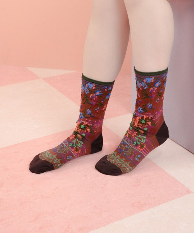 COQ antigua flower ラメ花柄ソックス ブラウン