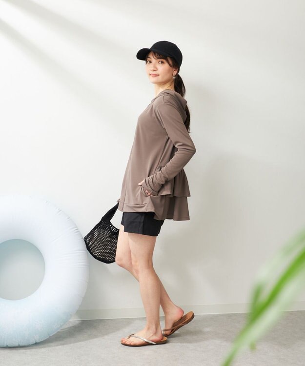 OP／FILA 【Ocean Pacific】バックフリルラッシュガード パーカー ブラック×グレー