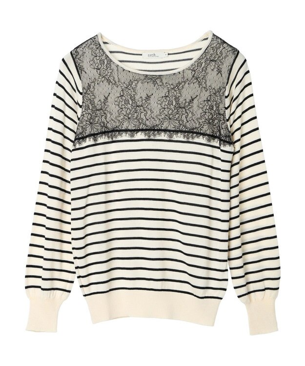 earth music&ecology レースボーダーニットプルオーバー Black