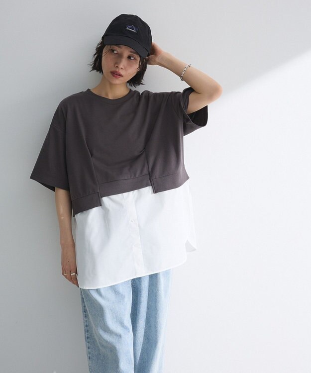 Green Parks 裾タックミニ裏毛シャツドッキングチュニック Charcoal Gray