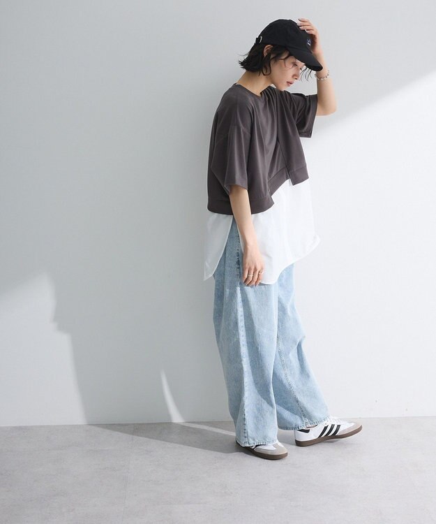 Green Parks 裾タックミニ裏毛シャツドッキングチュニック Charcoal Gray