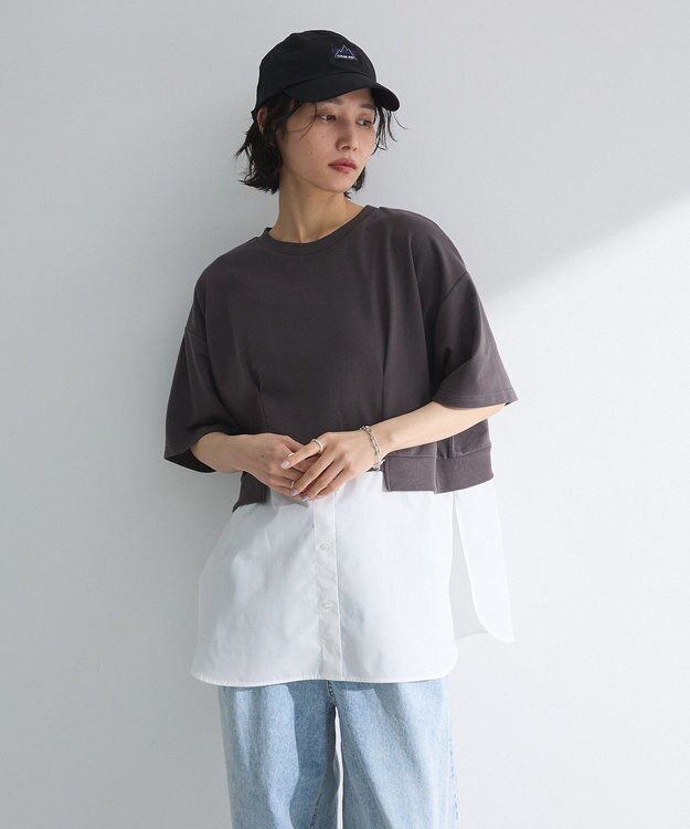 Green Parks 裾タックミニ裏毛シャツドッキングチュニック Charcoal Gray