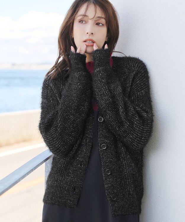 Tiaclasse 【洗える】ふわふわ片畦ラメシャギーカーディガン ブラック