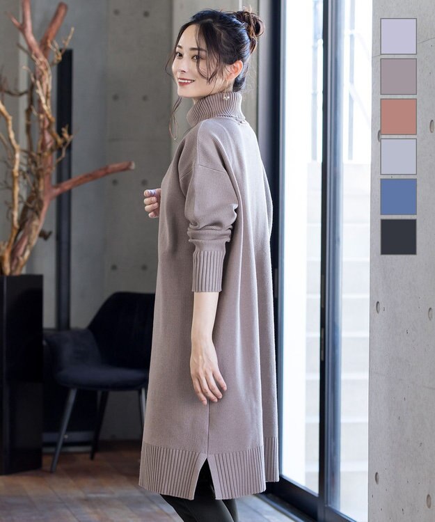 Tiaclasse 【洗える】華のあるニットタートルワンピース モカ