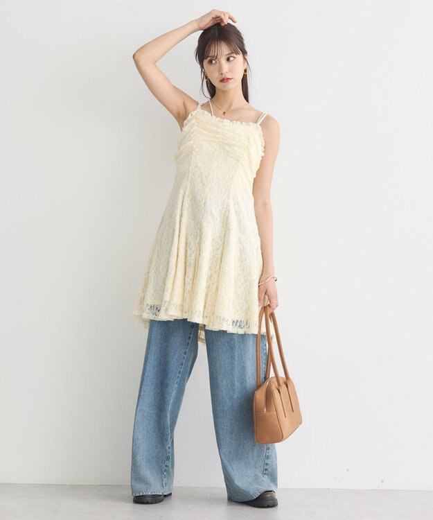 earth music&ecology フロントギャザー起毛レースミニワンピース Ivory