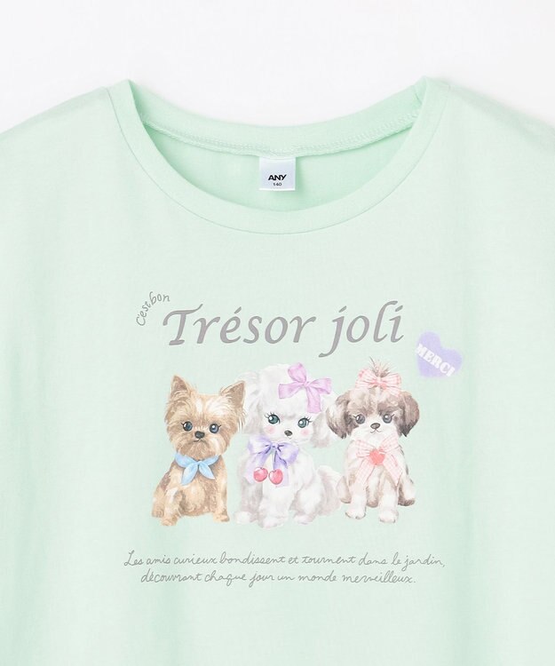 ANY KIDS 【綿100%】ドロップショルダー アニマルプリントTシャツ ミント×イヌ