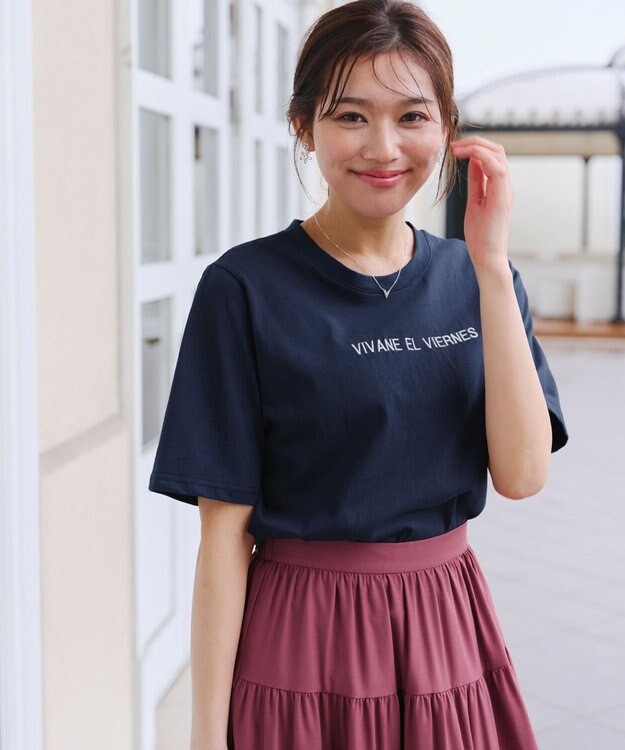 Tiaclasse 【洗える】刺繍ロゴシンプルTシャツ ネイビー
