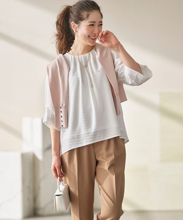 組曲 L 【WEB限定】ボーダージャガード タック袖ブラウス アイボリー系