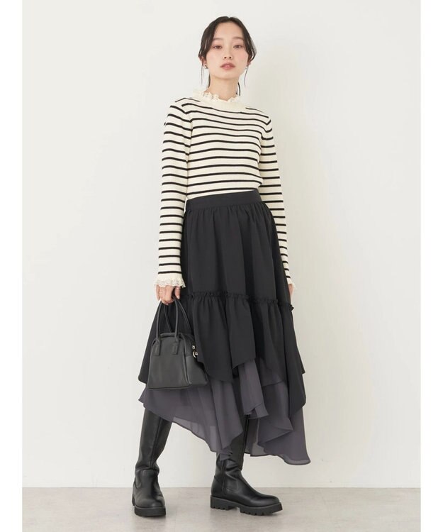 earth music&ecology レースドッキングリブニット Border Ivory