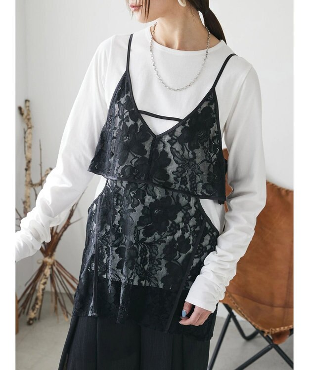 Green Parks AnriettMusee シャーリングスリーブＴシャツ＋レースキャミソールＳＥＴ Black