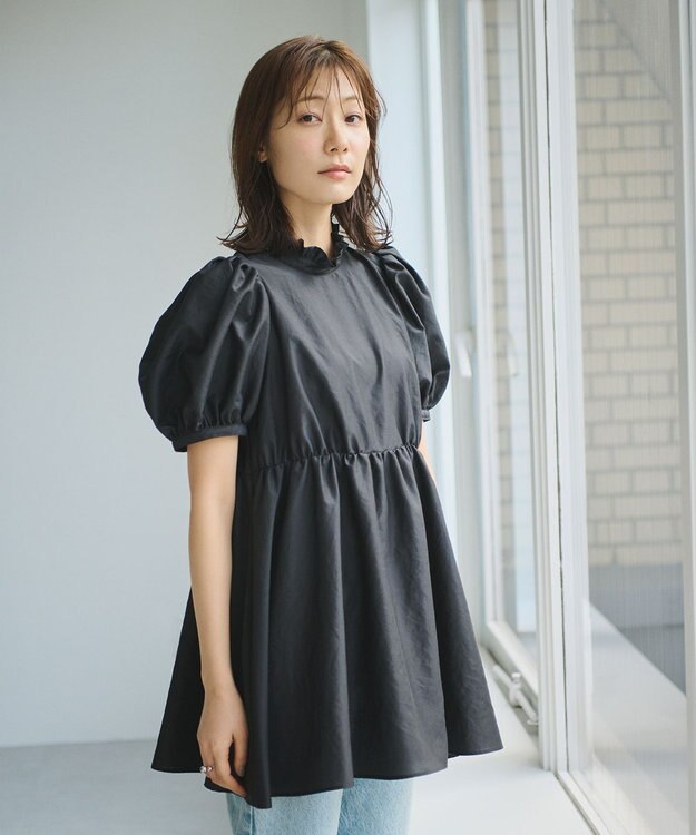#Newans 【ANSWER for 骨格ウェーブ】フリルカラーパフスリーブチュニック ブラック系