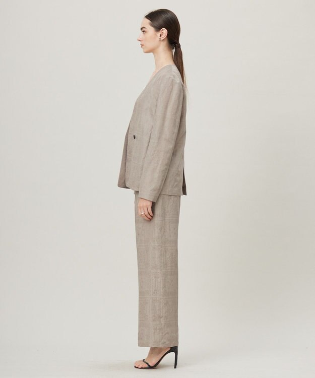 ICB 【日本製・洗える】ペイズリーレノクロス ノーカラージャケット クリームブラウン系