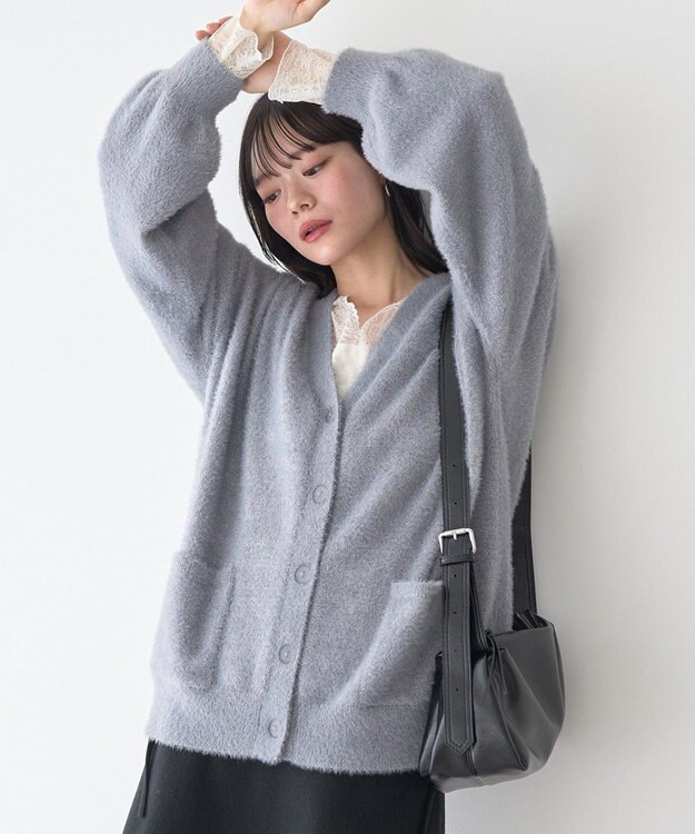 earth music&ecology ラメミニシャギーＶネックカーディガン Charcoal Gray