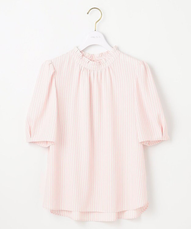 ANY SIS 【洗える】フリルネックスタンド ブラウス ピンクストライプ