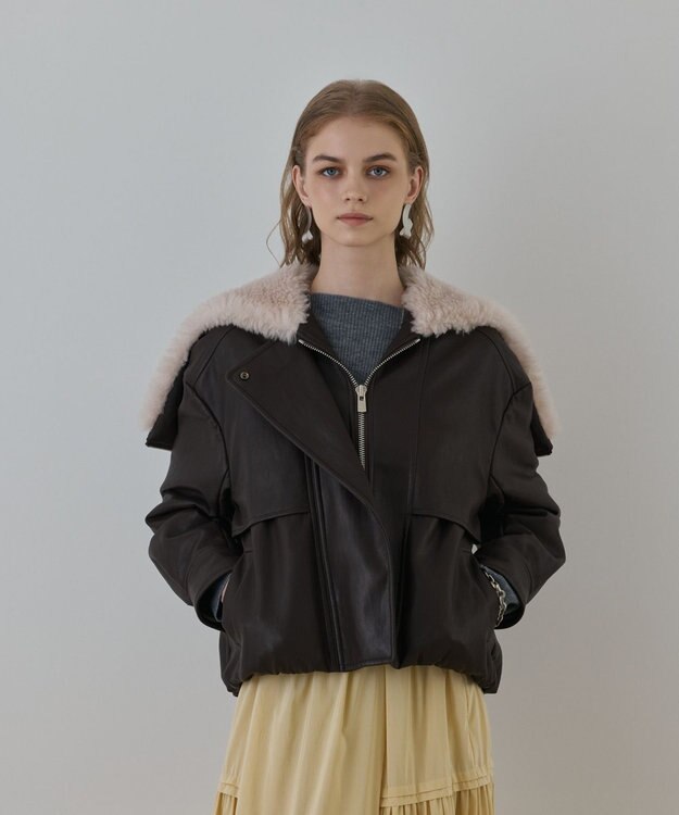 GRACE CONTINENTAL フェイクレザーボンバージャケット ダークブラウン