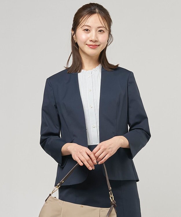 J.PRESS LADIES 【セットアップ対応・洗える・撥水】コットンFITTY ノーカラー ジャケット ネイビー系