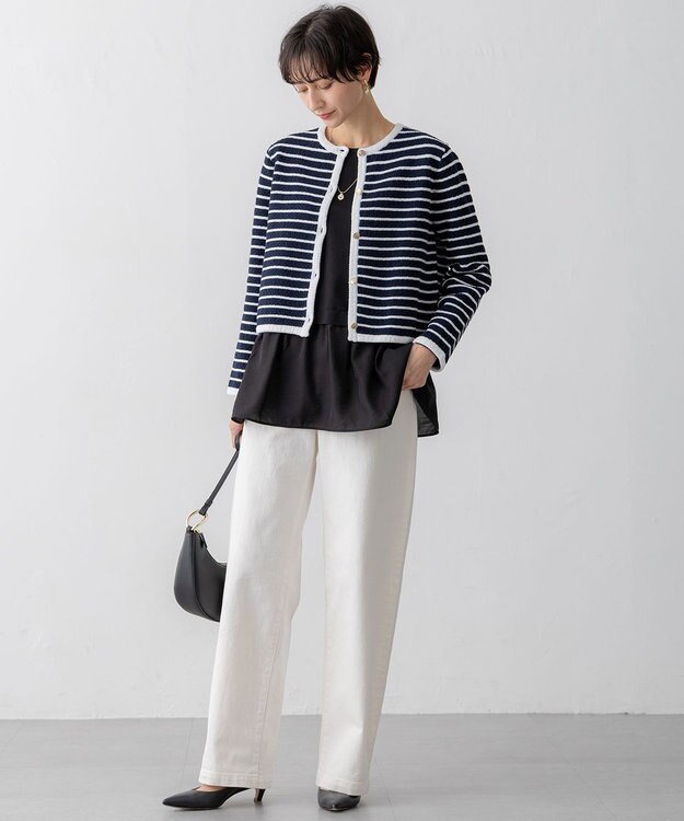 23区 【Oggi3月号掲載/洗える】ブークレコットン ニットジャケット ネイビー×オフ