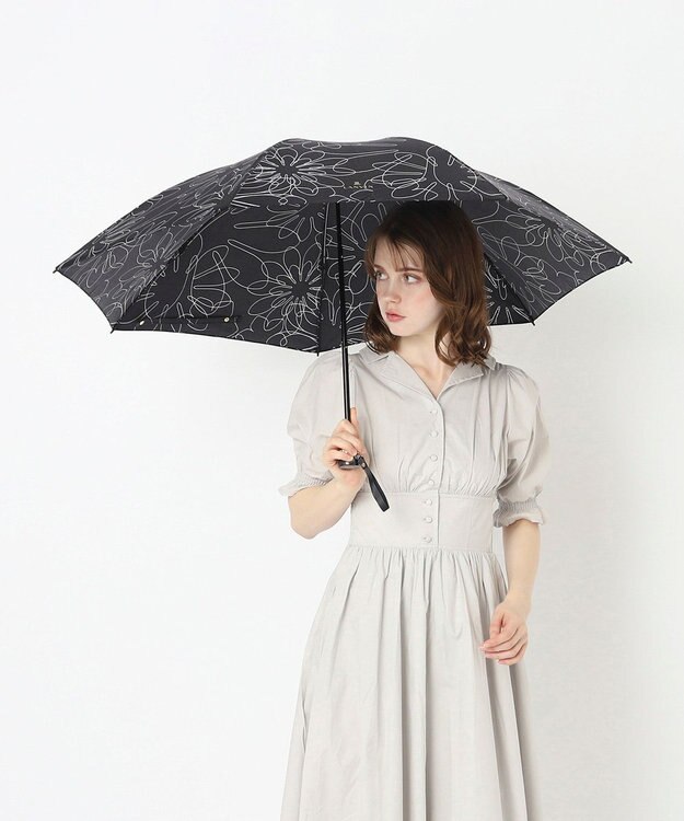 MOONBAT 【新色追加】ランバン オン ブルー 折りたたみ傘 フラワー柄サテンジャガードプリント 簡単開閉 ブラック