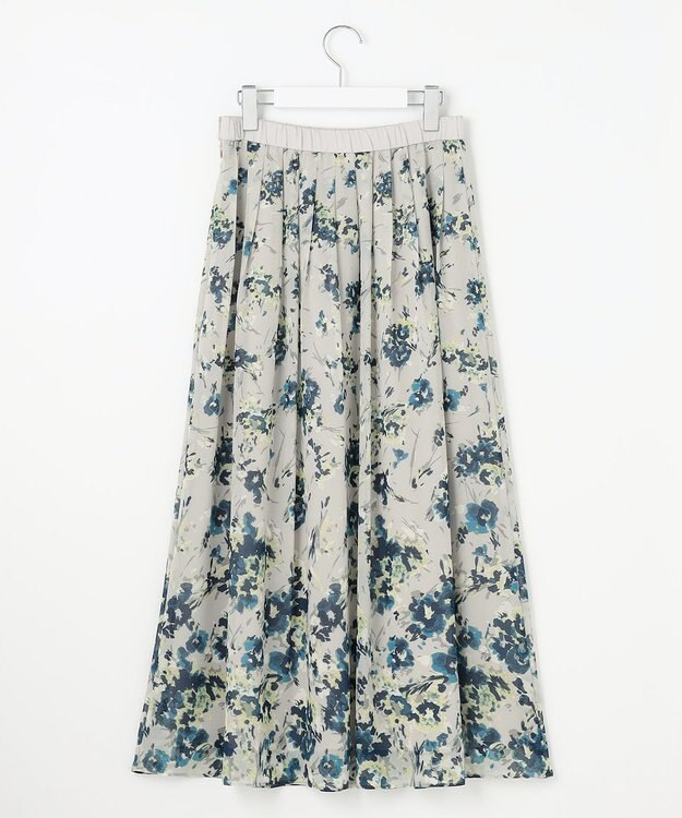 自由区 L 【洗える】オータムダリアプリント スカート ブルーグレー系