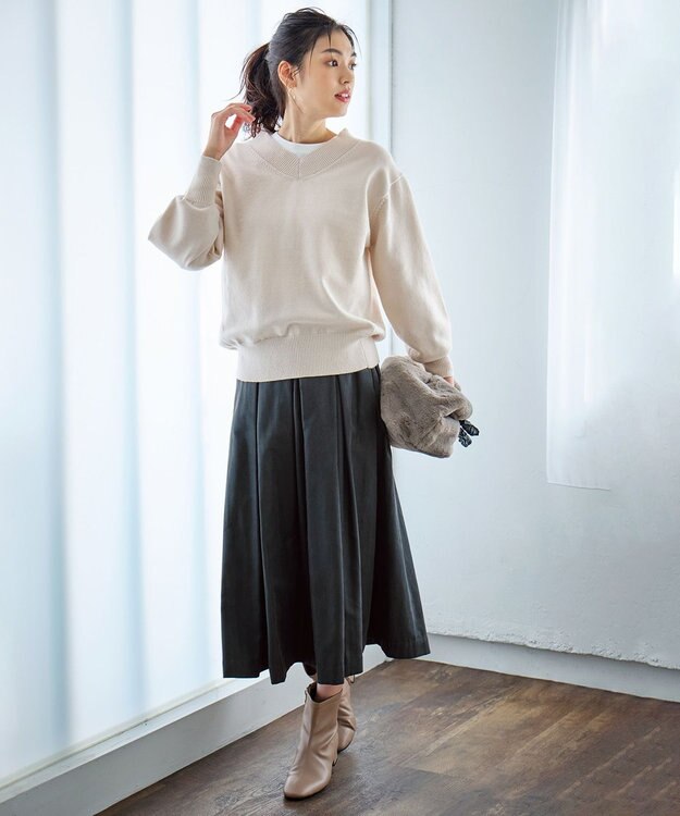 ANY L 【ウエストゴム】ベロアタッチタックスカート チャコール