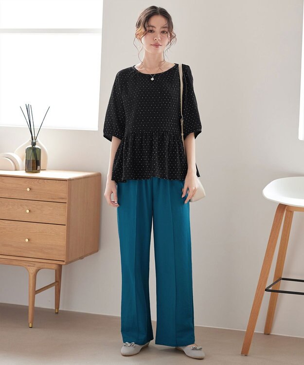 Tiaclasse 【洗える】楊柳ドットギャザーブラウス ブラック