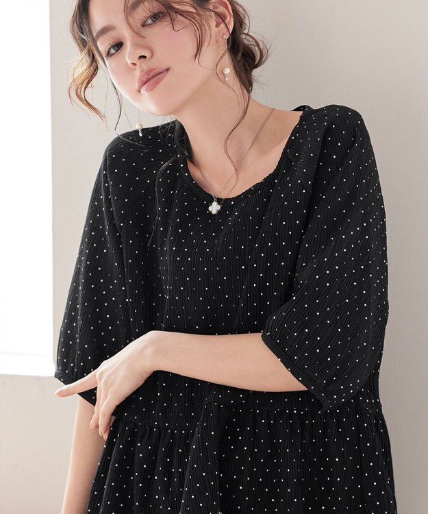 Tiaclasse 【洗える】楊柳ドットギャザーブラウス ブラック